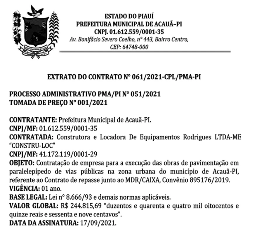 Prefeito de Acauã contrata construtora recém-criada por R$ 244 mil