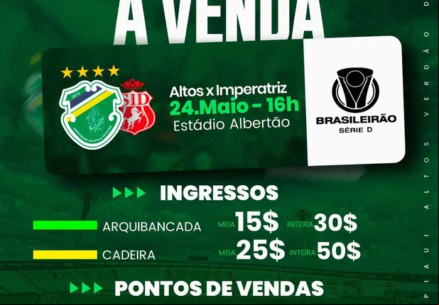 Preço e locais de vendas do ingressos da partida entre Altos e Imperatriz pela Série D 2025